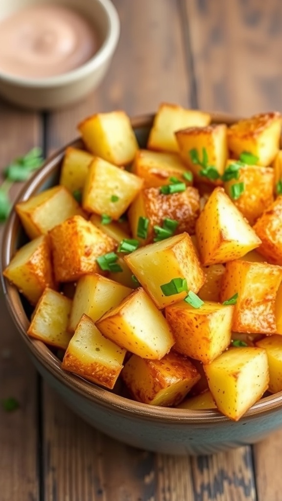 Easy Air Fryer Potatoes Recipe Crispy air fryer potatoes in a bowl, garnished with herbs, on a rustic table with dipping sauce.